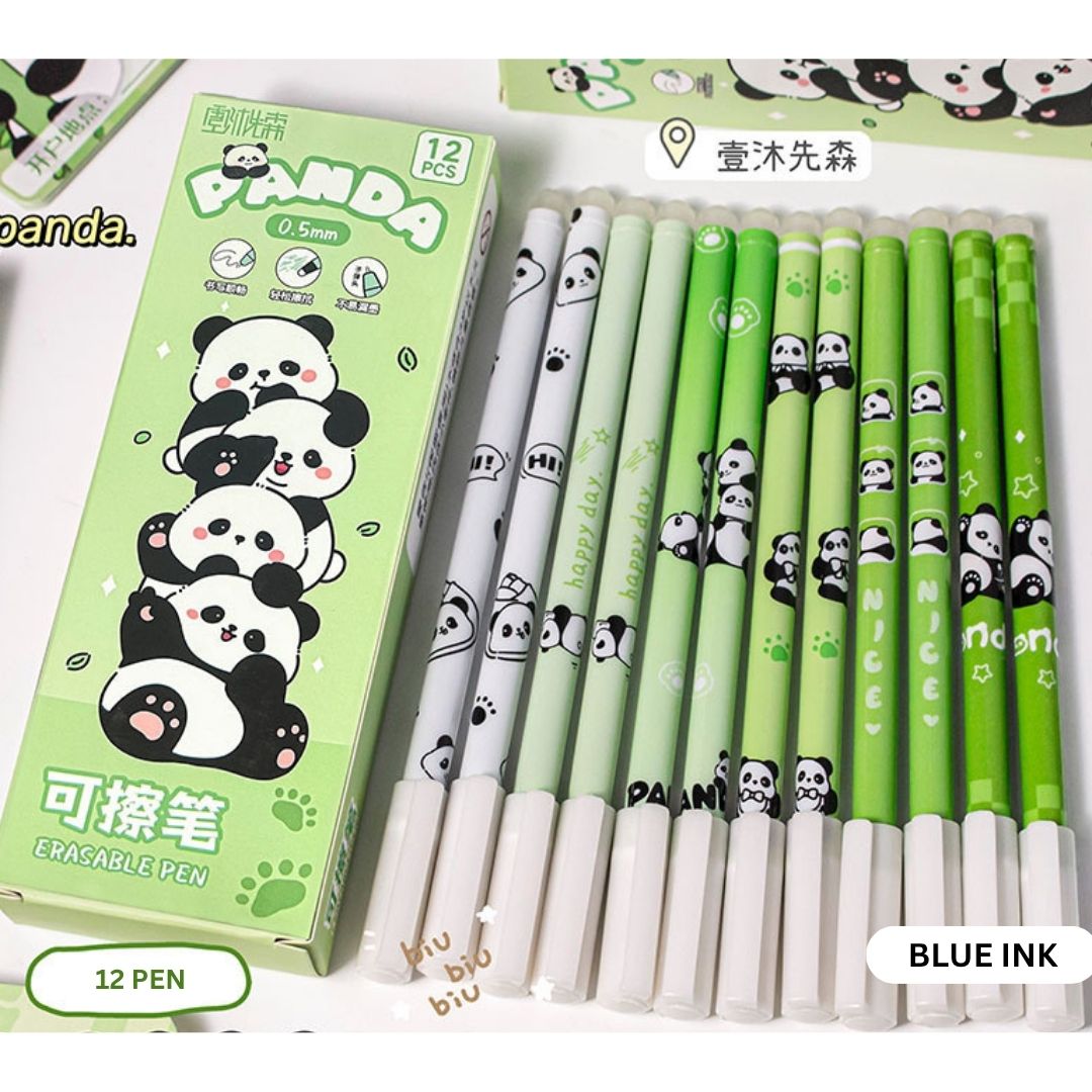 Cute Panda Erasable Gel Pens – 12-Pack Blue Ink Pen