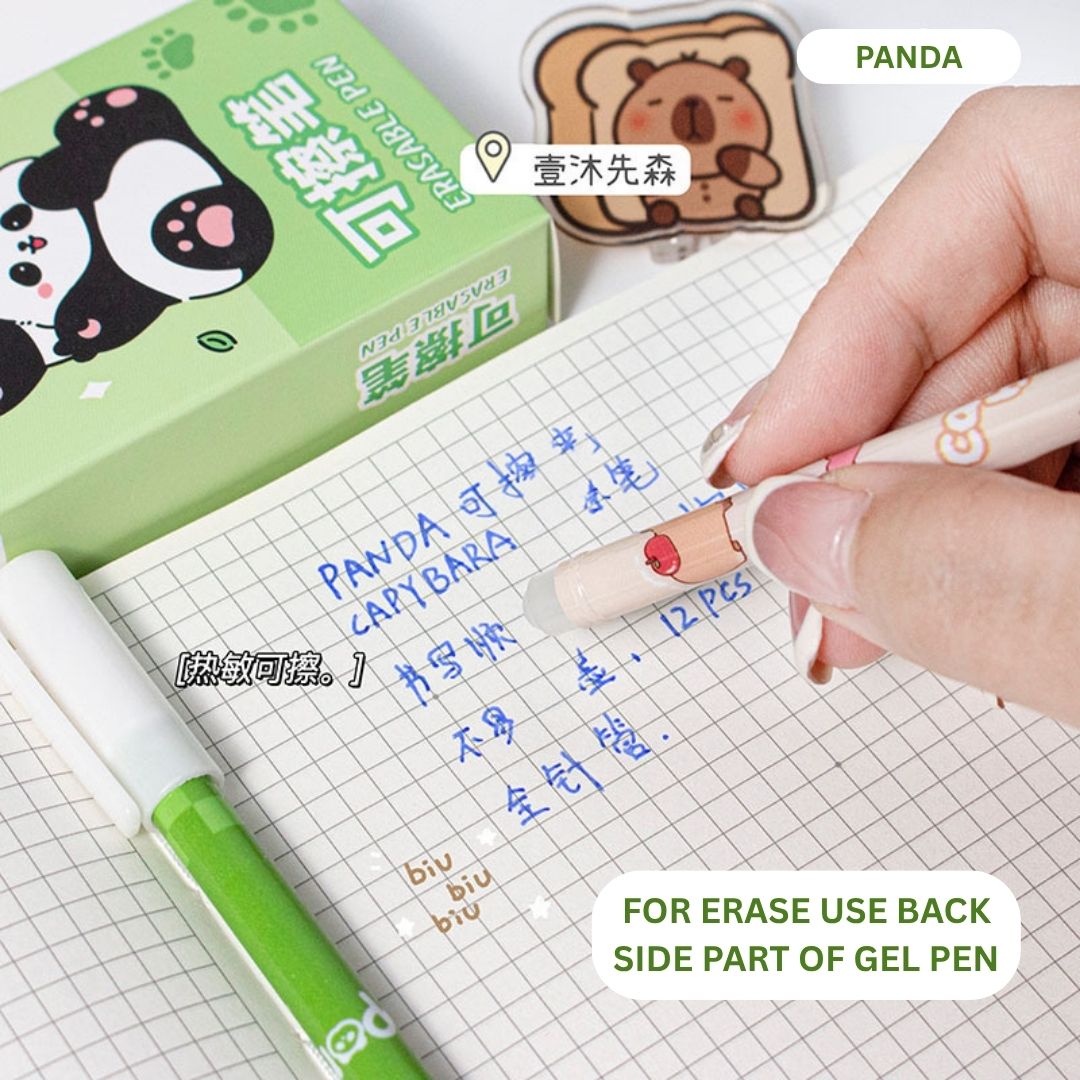 Cute Panda Erasable Gel Pens – 12-Pack Blue Ink Pen