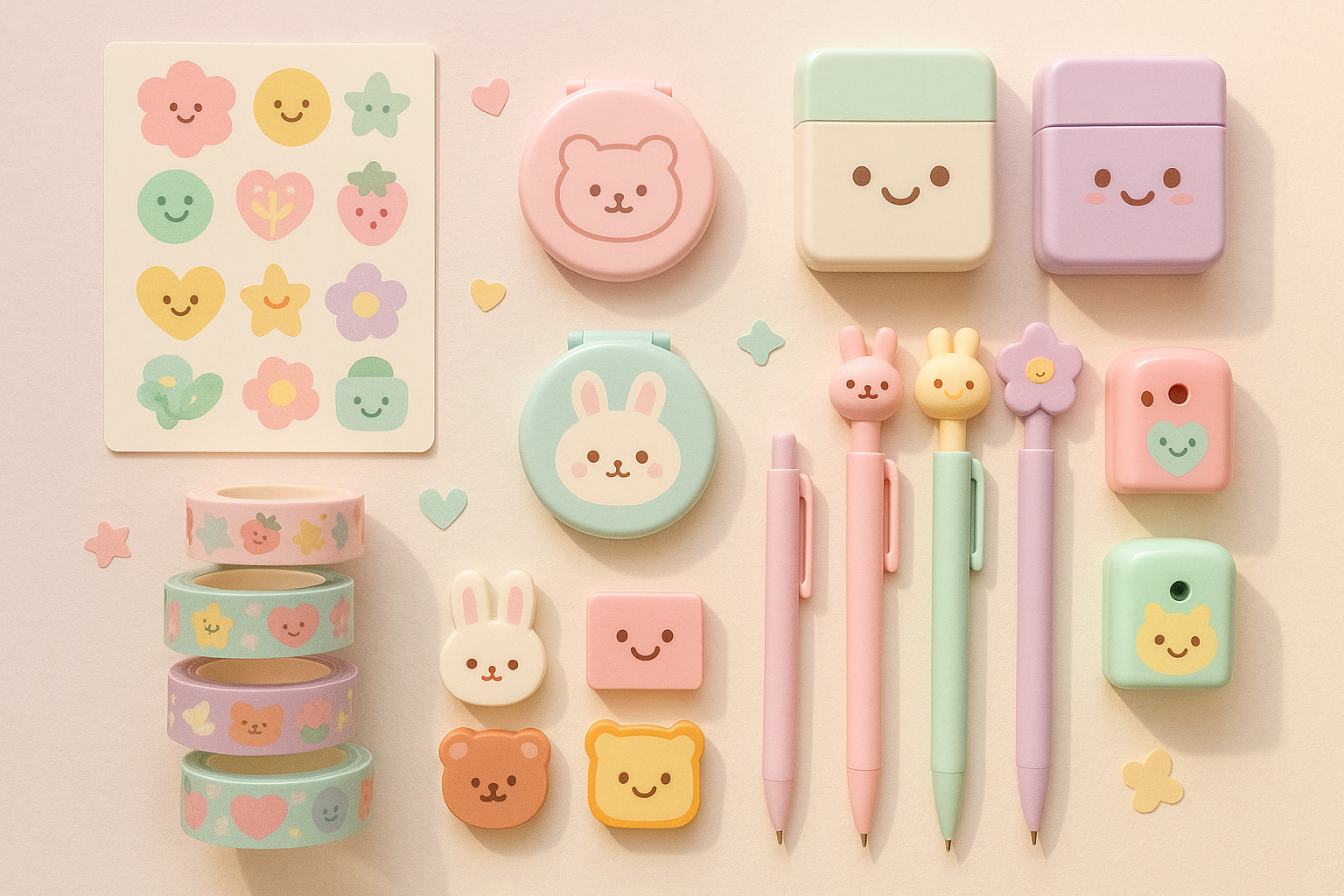 All kawaii stationery products (stickers, Washi tapes, mirrors, pens, pencils, desk organsiers, erasers, sharpners) pintresty photo