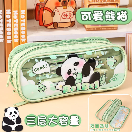 Cute Panda Pencil Pouch | Double Zipper Stationery Organizer | Transparent View Case